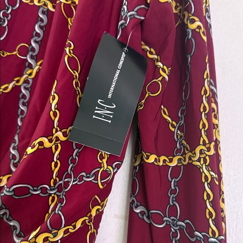 INC International Concepts Burgundy Chain-Print Top with Gold and Gray Links - Picture 2 of 6